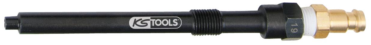 Kľúč na skrutky 19 mm KG Tools na čiernom pozadí. Dlhá, čierna rukoväť so zlatistou hlavou, pohľad z boku.