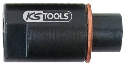 Čierny adaptér značky 'KS Tools' s medeným tesnením. Používaný pre presné mechanické aplikácie.