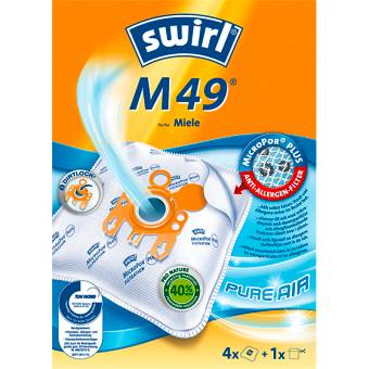 Obal na vysávačové vrecká 'Swirl M49'. Zobrazuje vysávačové vrecká, protialergický filter a sľub 'Pure Air' pre značku Miele.