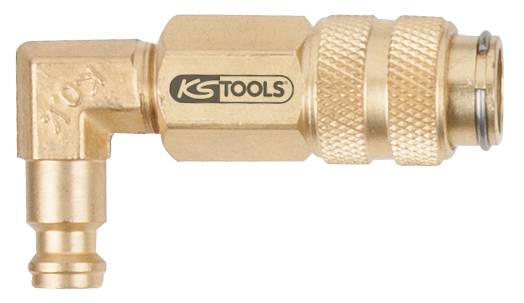 Pneumatický prípoj KS Tools z mosadze v 90-stupňovom uhle, s vrúbkovanou rukoväťou a vytlačeným logom, vhodný pre vzduchové systémy.