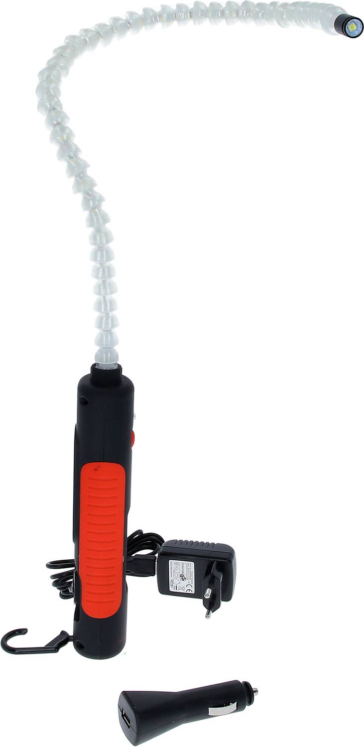 Dlhé, flexibilné LED svetelné náradie s červeným držadlom, hákom a nabíjacím adaptérom, vhodné pre ťažko dostupné miesta.