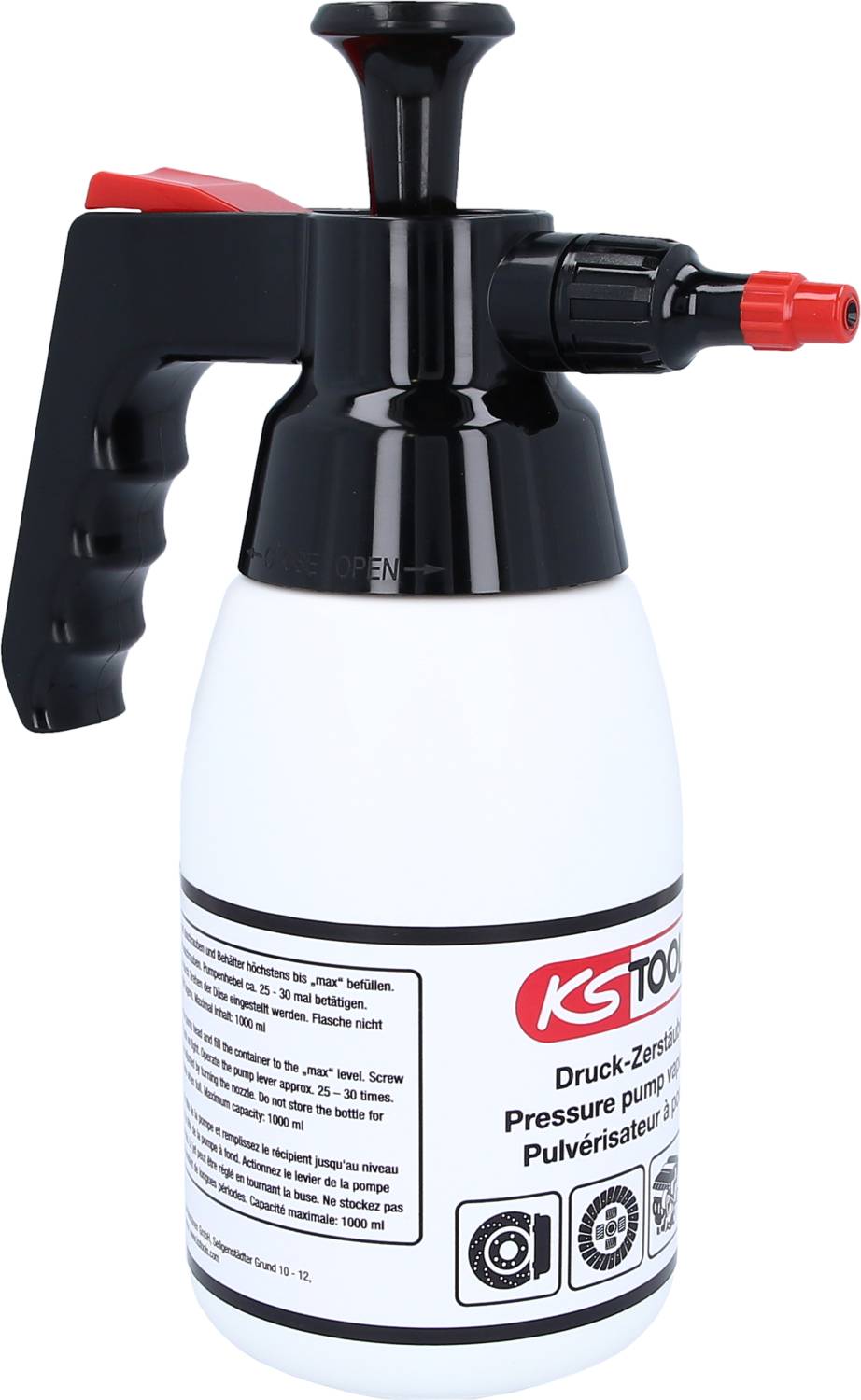 Biely ručný postrekovač s čiernou rukoväťou a červenou rozprašovacou hlavicou, vhodný na záhradné práce alebo čistiace účely.