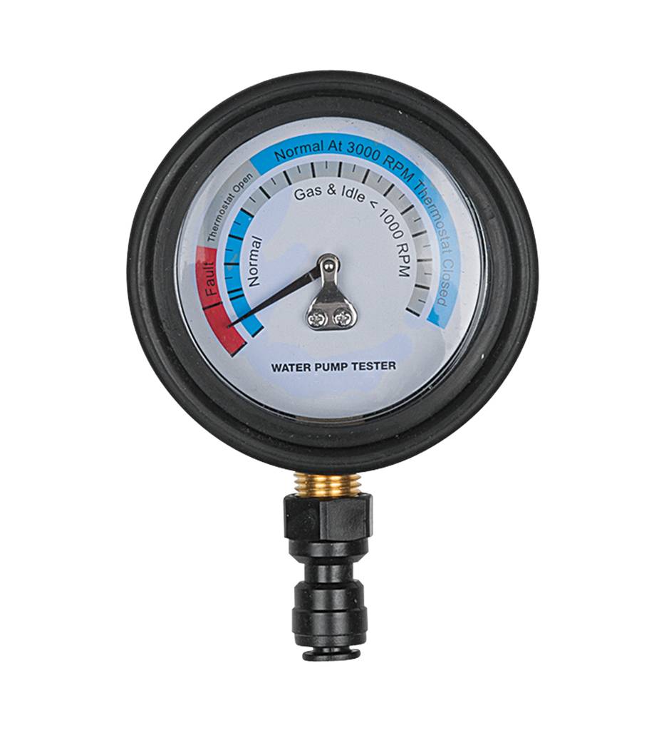 Manometer na kontrolu tlaku vodného čerpadla, stupnica v PSI a RPM. Ručička ukazuje na 'Normálne', poznámka 'Plyn a voľnobeh = 1.000 RPM'.