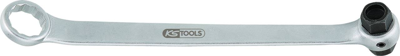 Strieborný krúžkový kľúč s račňovou funkciou značky KS Tools na bielom pozadí.