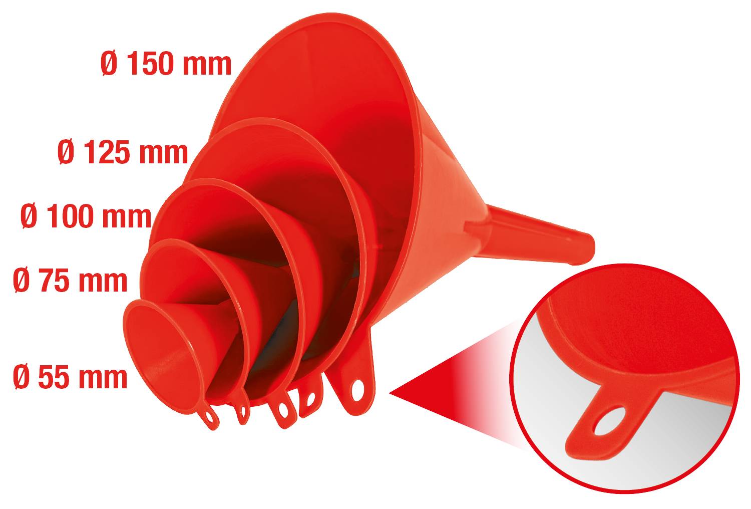 Päť červených lievik v rôznych veľkostiach, ktorých priemer sa pohybuje od 55 mm do 150 mm, so zobrazením detailu zavesovacieho otvoru.