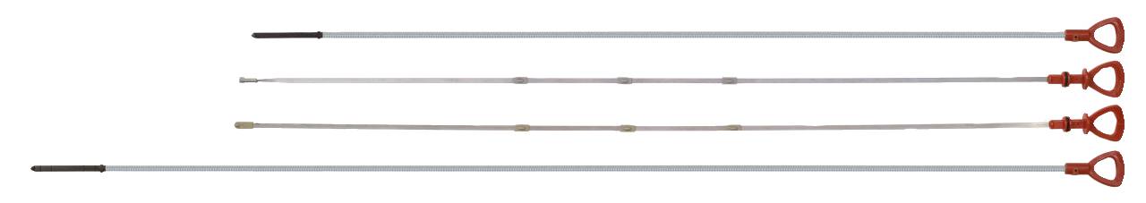 Štyri olejové mierky s červenými rukoväťami na bielom pozadí. Líšia sa dĺžkou a dizajnom označení.