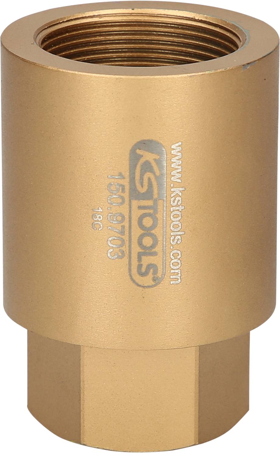 Spojka z mosadze 'KS Tools', bočne potlačená výrobným číslom a logom.