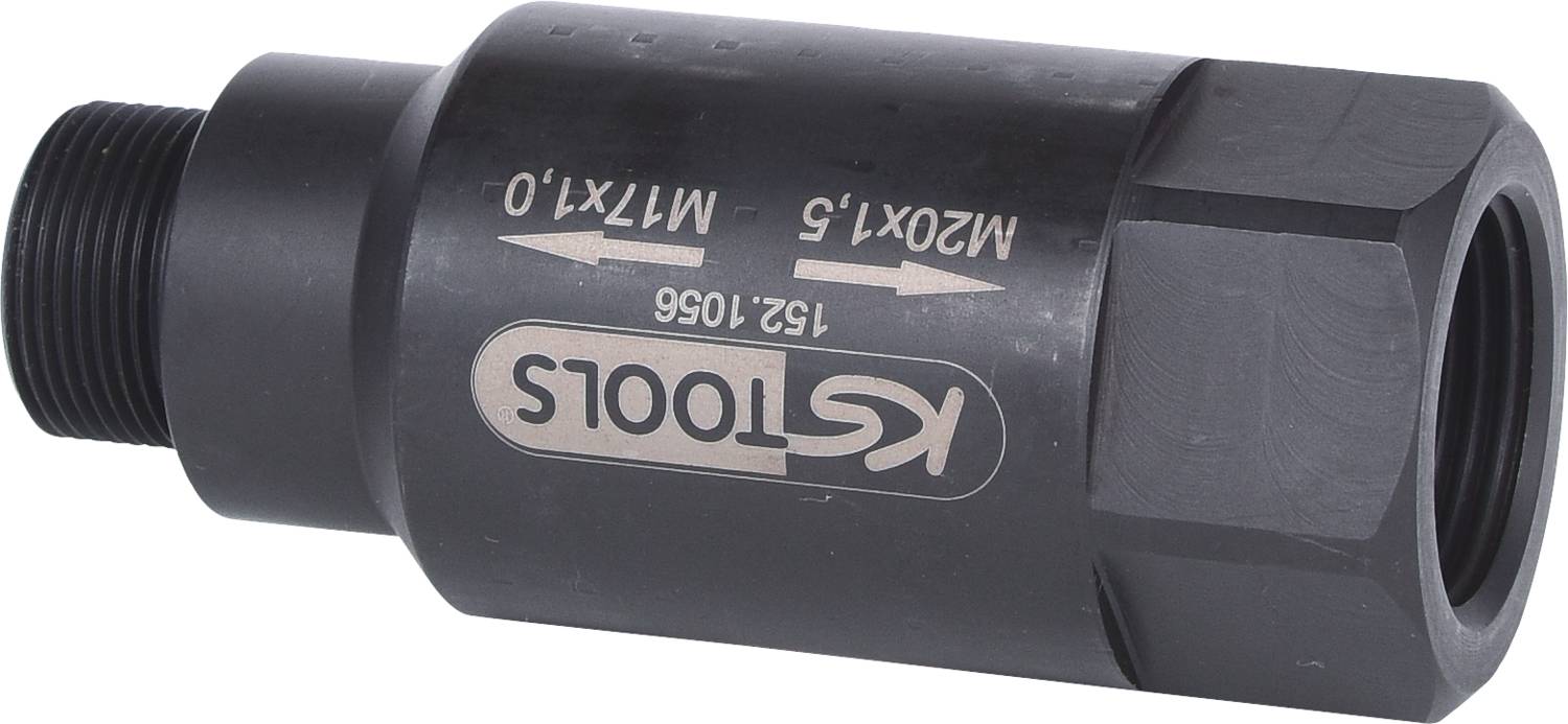 Čierny kovový adaptér s nápisom 'KS TOOLS' a závitom na oboch koncoch. Vhodný pre rôzne mechanické použitia.