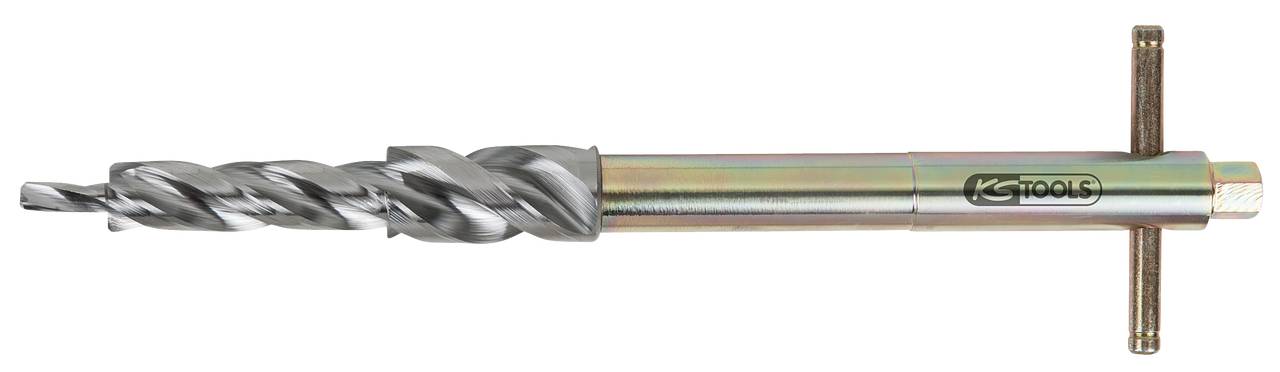 Stupňovitý vrták s T-rukoväťou z kovu, vhodný na vŕtanie veľkých otvorov do kovu, od značky KS Tools.