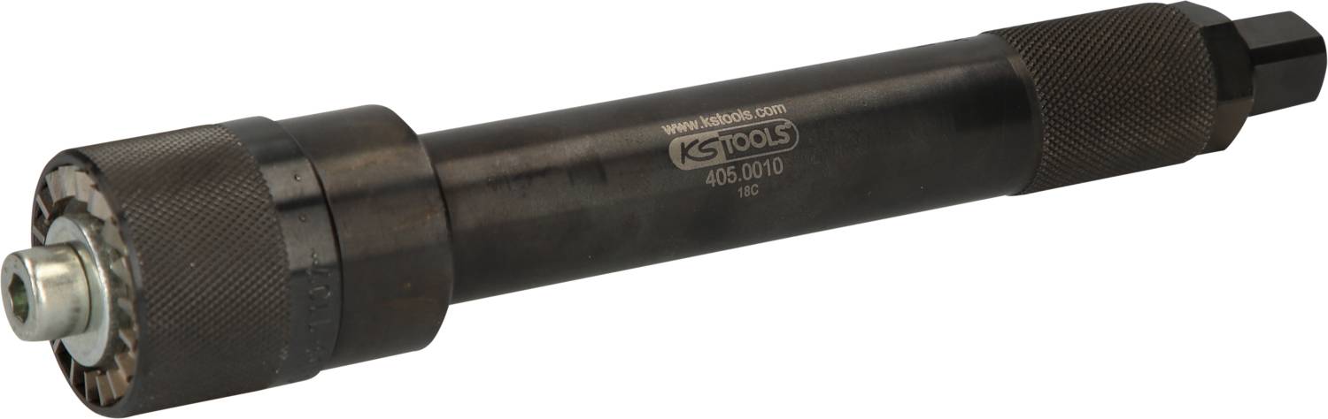 Nástroj na nastavenie motora s čiernou vrúbkovanou rukoväťou a hexagonálnym zakončením, označený ako 'KS Tools 406.0010'.