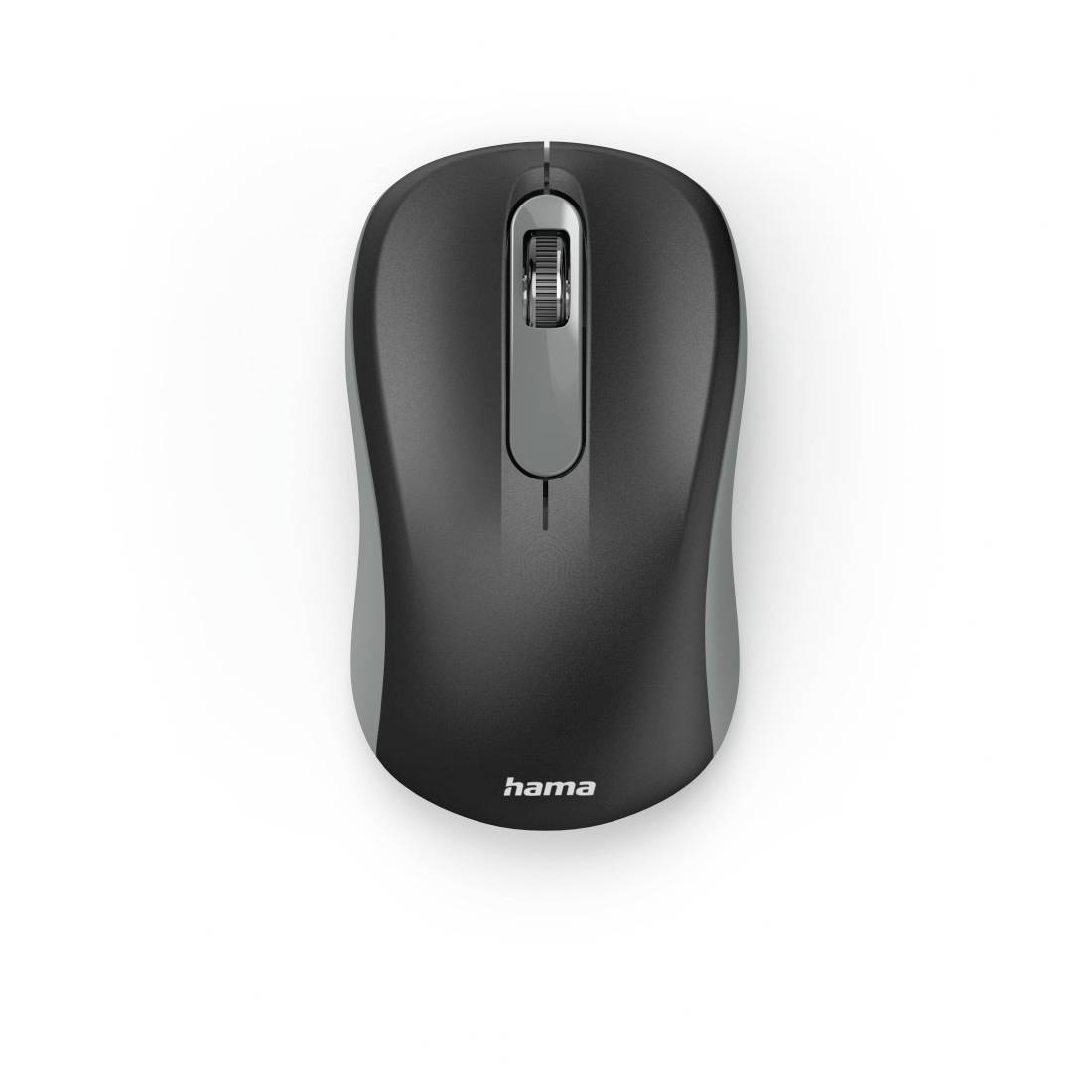 Bezdrôtová čierna počítačová myš od 'Hama' s rolovacím kolieskom a dvoma tlačidlami, ideálna pre pohodlnú prácu na PC alebo notebooku.