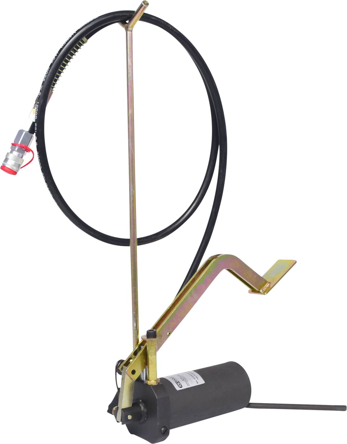 Ručná pumpa s dlhou hadicou a pákou, vhodná na použitie v hydraulických systémoch na čerpanie kvapalín.