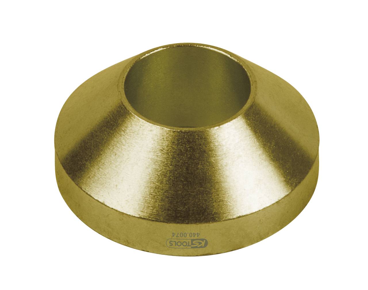 Zlatý kónický kovový krúžok s centrálnym otvorom, pravdepodobne strojná súčiastka alebo príslušenstvo pre nástroje.