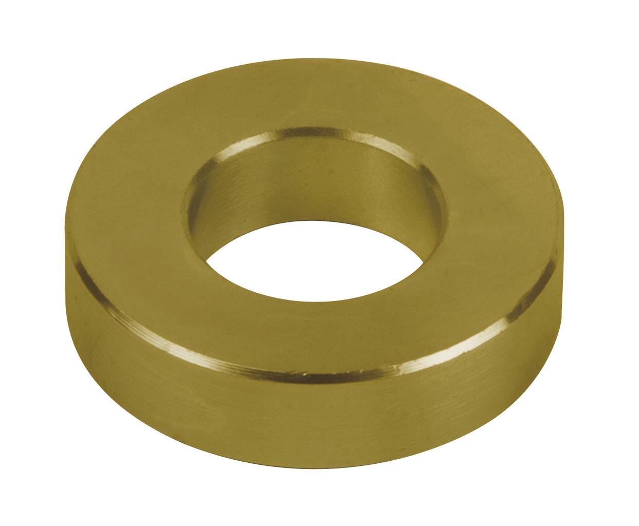 Guľatý, plochý kovový disk s centrálnym otvorom, podobný podložke. Vyrobený z lesklého materiálu, pravdepodobne mosadze.