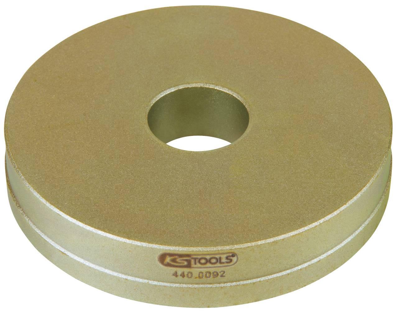 Nástroj KS Tools 440.0092 Sťahovacia doska v zlatej farbe, okrúhla, s veľkým centrálnym otvorom. Používaná pre mechanické nástroje.