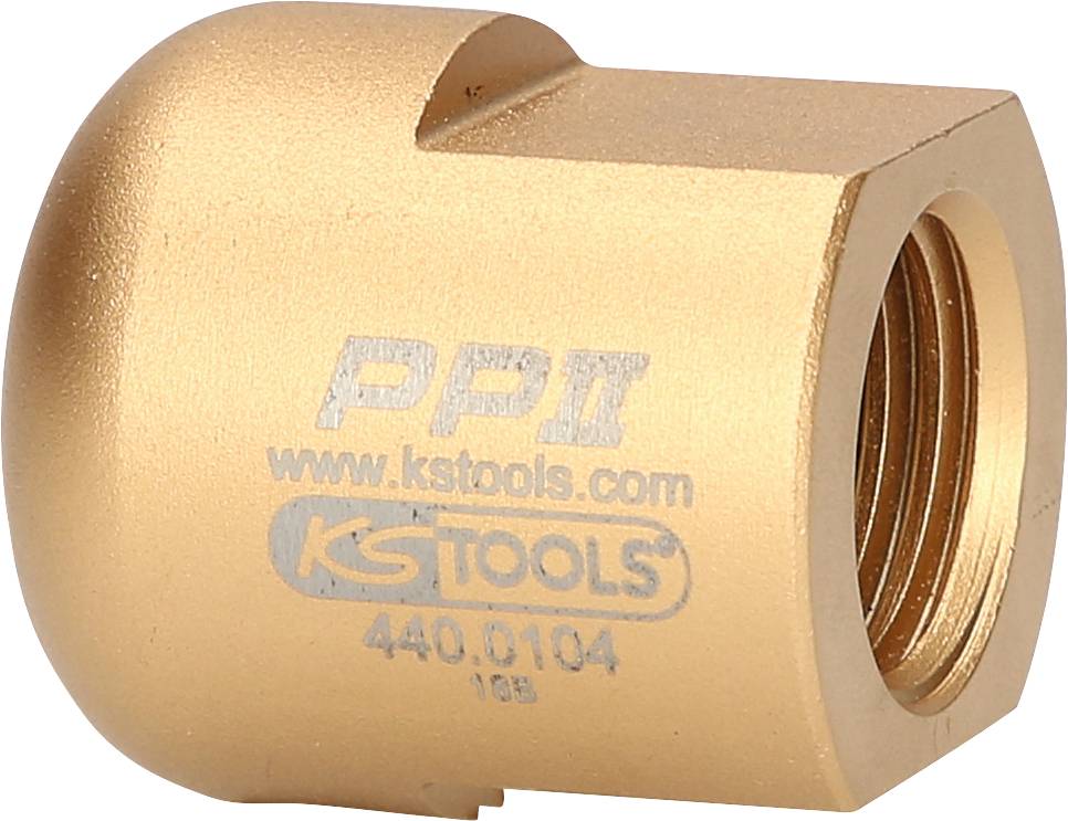 Zlatý kovový kryt s vygravírovaným nápisom 'PP II', 'KS TOOLS' a '440.0104'. Vyzerá, že je súčasťou nejakého nástroja.