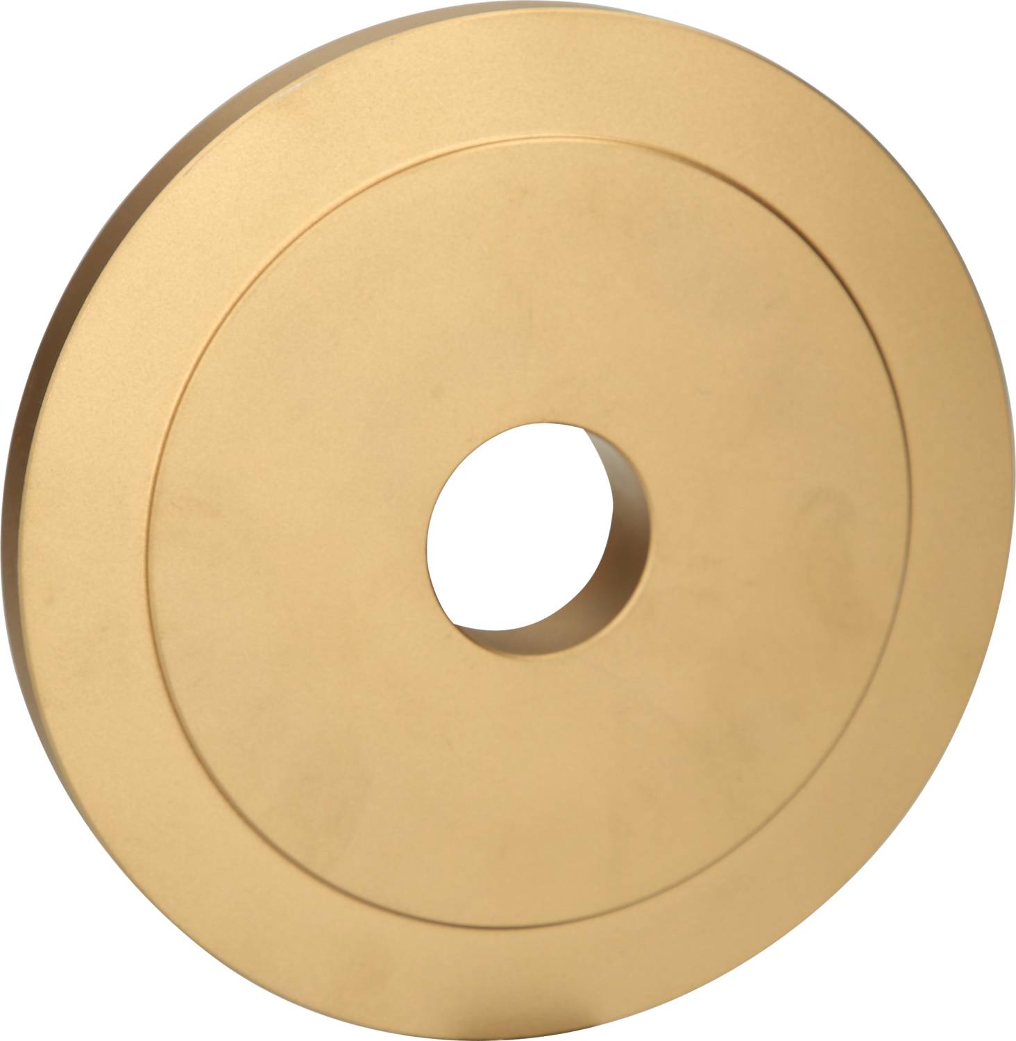 Zlatistý okrúhly disk s dierou uprostred.