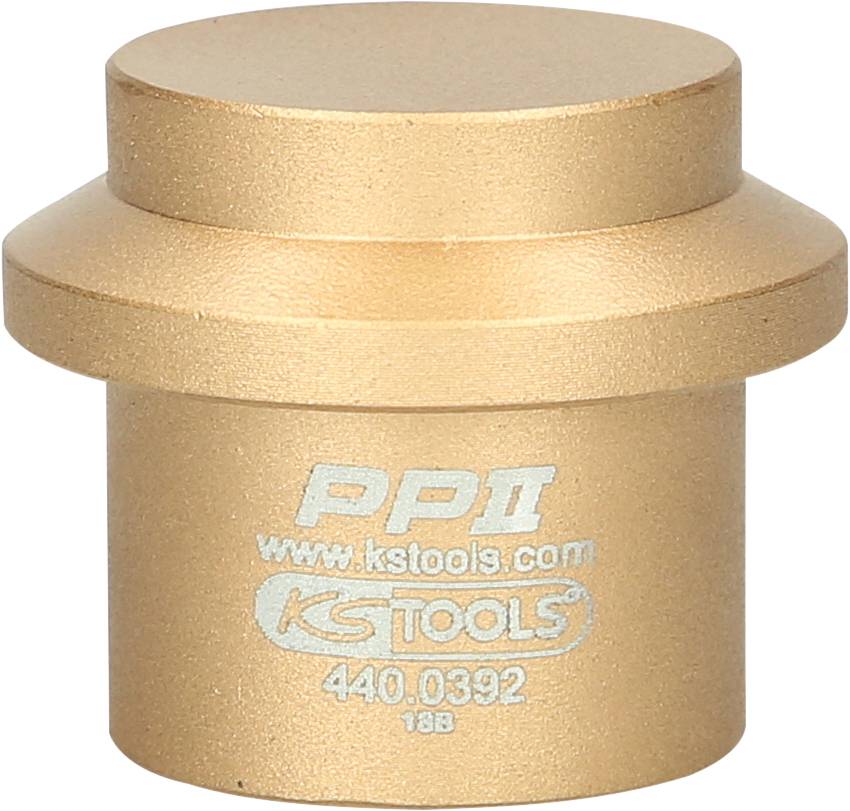 Kovový nástroj s nápisom 'KS TOOLS', valcovitého tvaru so širšou hlavou, pravdepodobne používaný v automobilovej technike.