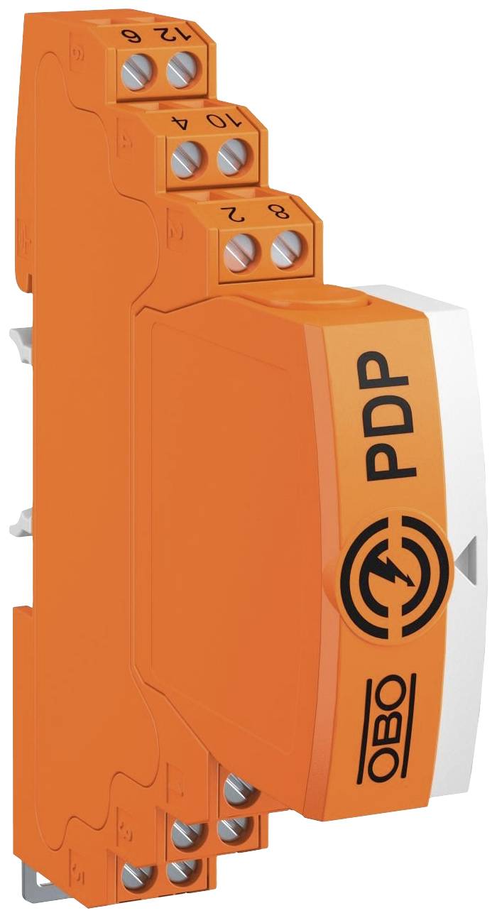 Oranžová elektronická súčiastka s nápisom 'PDP'. Má niekoľko pripájacích svoriek a zdá sa, že je navrhnutá na montážne účely.
