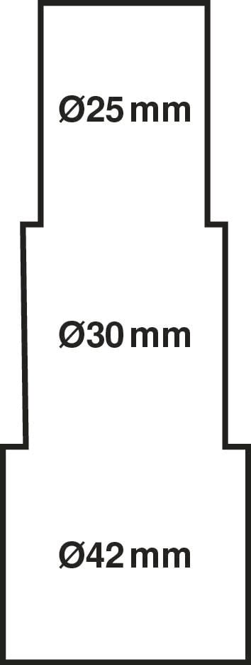 Diagram s tromi nad sebou ležiacimi sekciami: hore Ø25 mm, v strede Ø30 mm, dole Ø42 mm.