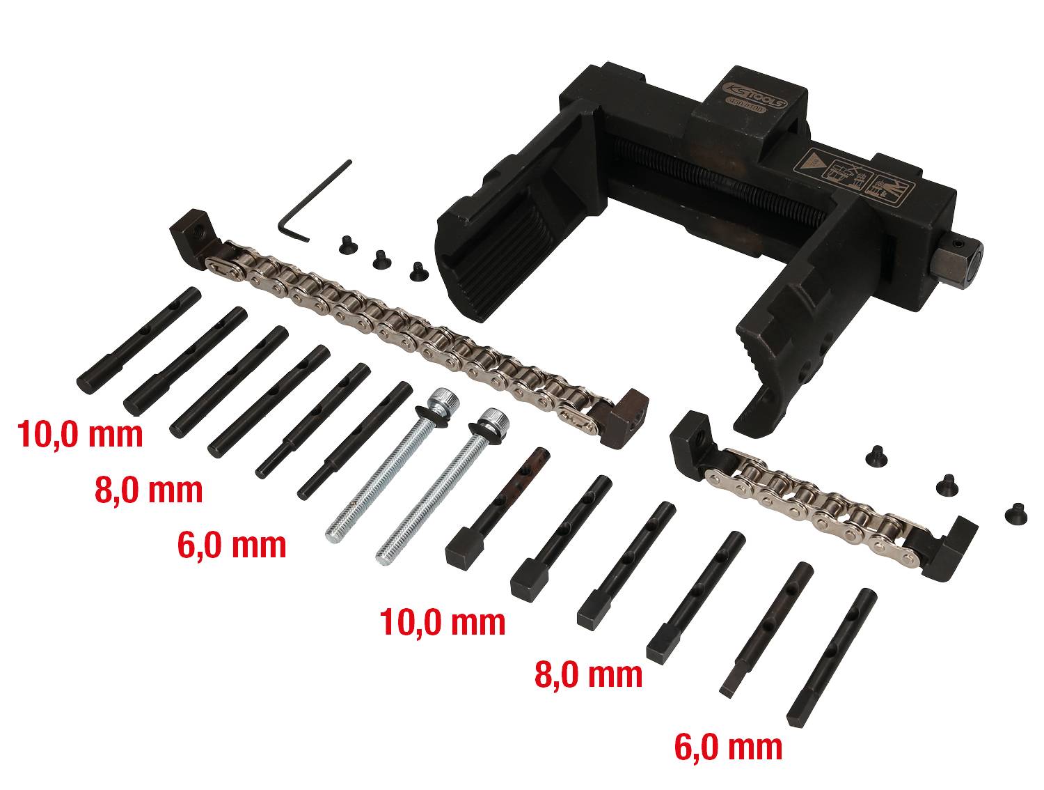 Sada na rozdelenie bicyklovej reťaze s rôznymi vedeniami reťaze (10,0 mm, 8,0 mm, 6,0 mm), dvoma skrutkami a kľúčom na skrutky.
