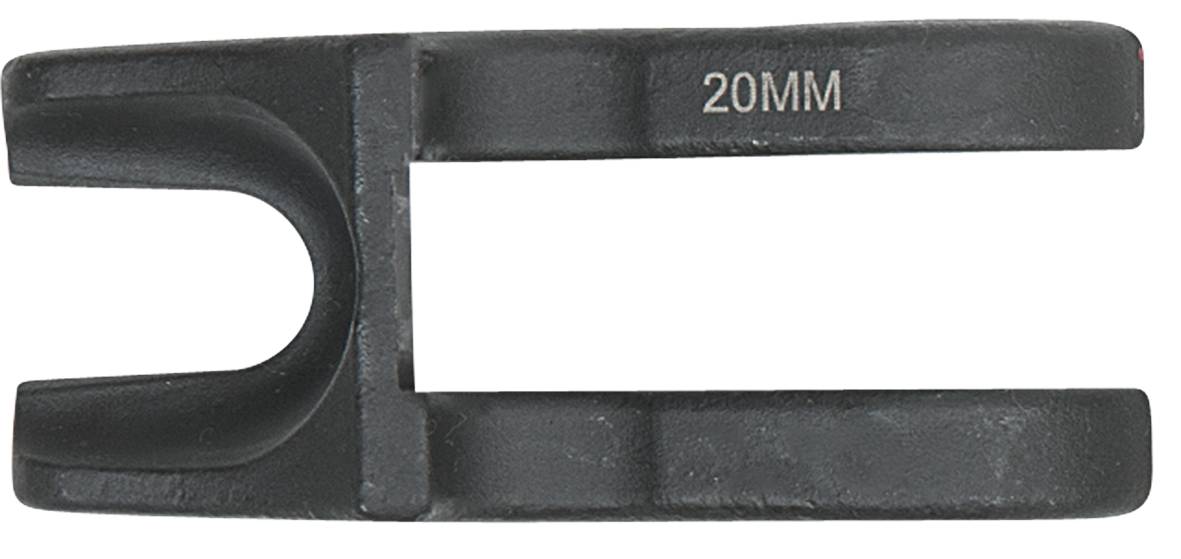Kovový nástroj, označený '20MM', zobrazuje U-tvarový otvor určený na upevnenie alebo prispôsobenie konkrétnej súčiastky.
