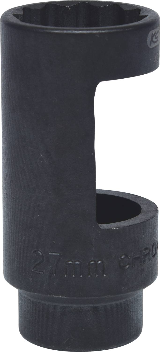 Čierny 27 mm nástrčný kľúč s výrezom na boku, určený na použitie pre palivové vstrekovacie potrubia.