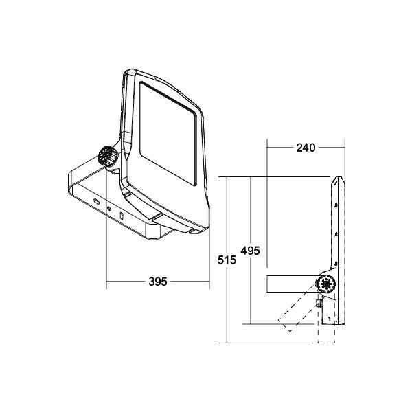 Technický výkres zariadenia s dvoma pohľadmi: čelný pohľad a bokorys. Rozmery: výška 515 mm, šírka 395 mm, hĺbka 240 mm.