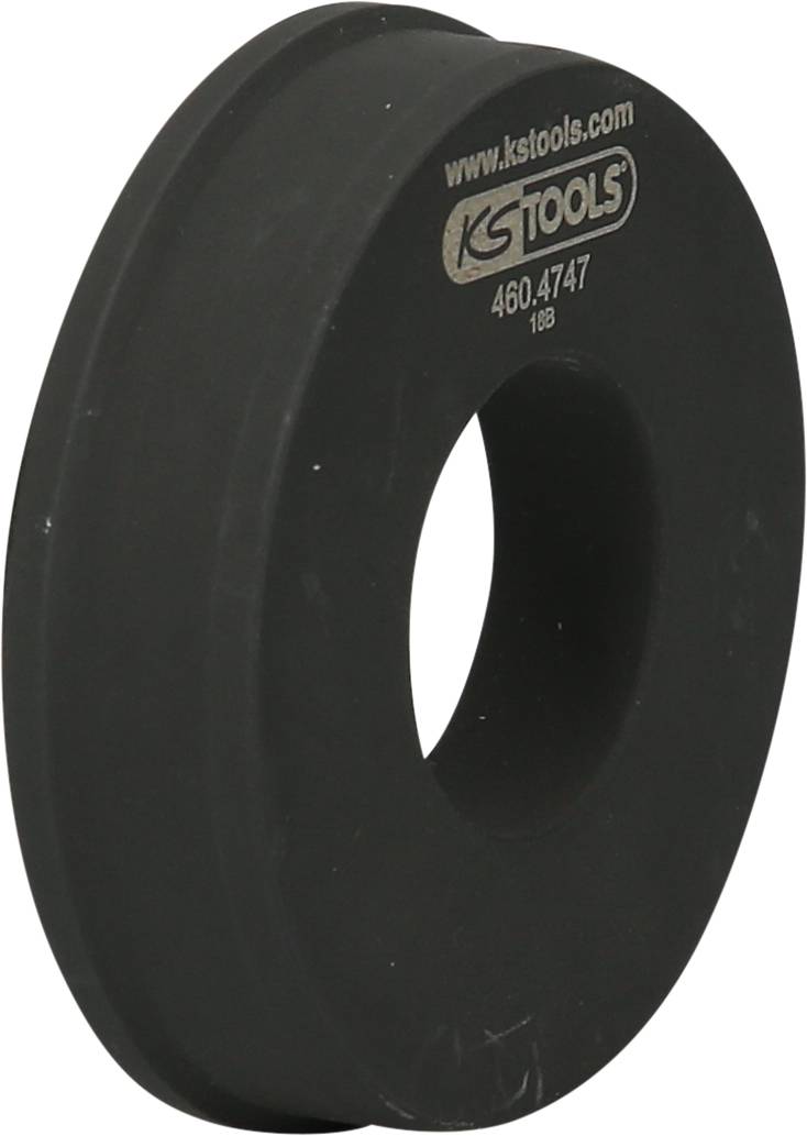 Čierny sťahovací kotúč s otvorom v strede, na ktorom sú vyrazené nápisy 'ks tools' a sériové číslo. Značenie výrobku a produktu.