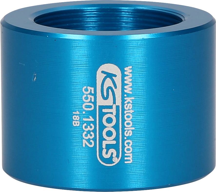 Modrý valcovitý adaptér s potlačou 'KS Tools www.kstools.com 550.1332 18B', pravdepodobne súčasť nejakej sady nástrojov.