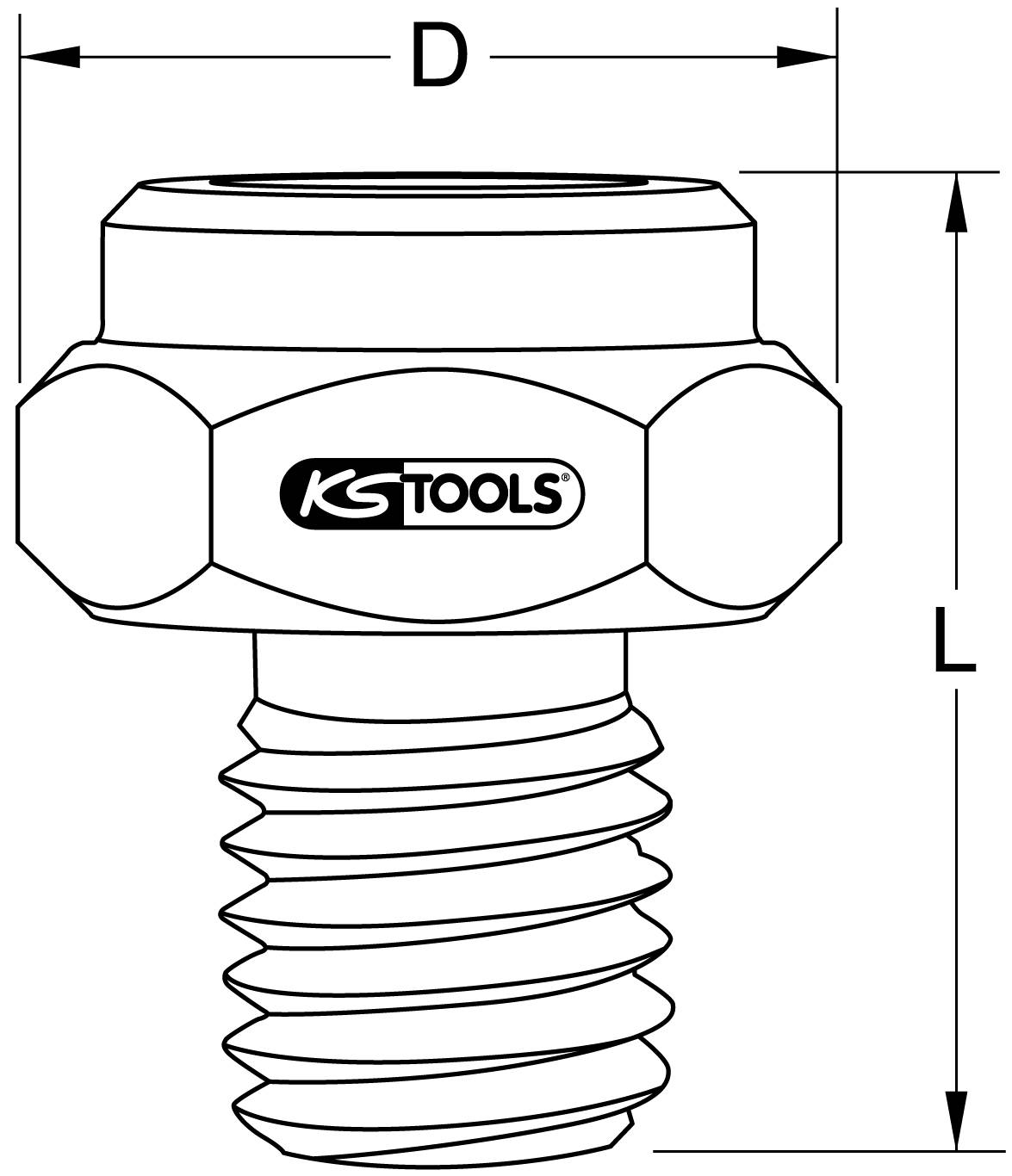 Technický výkres šesťhrannej matice s logom 'KS Tools', s vyznačenými rozmermi D a L.