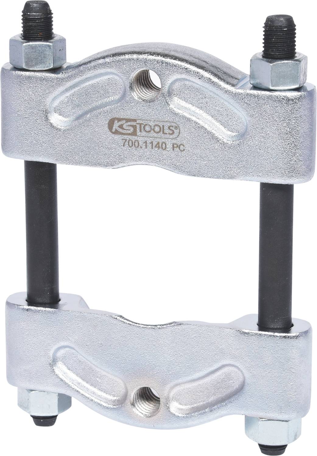 Sťahovák z kovu, pozostávajúci z dvoch dosiek a dvoch skrutkovacích tyčí. Značka 'KS Tools' a číslo modelu '700.1140 PC'.