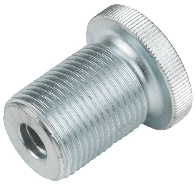 Kovový skrutkovací kolík s vrúbkovaným okrajom, často používaný v hydraulických alebo pneumatických systémoch.