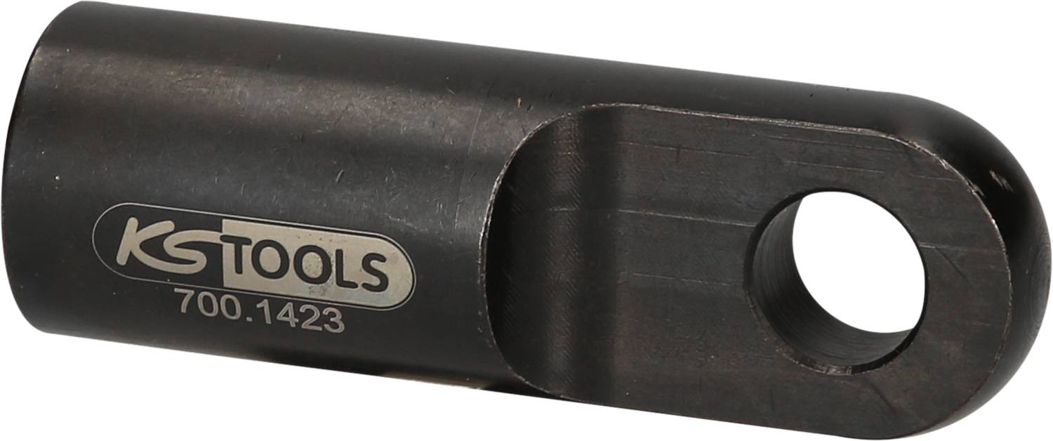 Čierny adaptér od KS Tools s jedným otvorom. Modelové číslo '700.1423' je viditeľné. Používa sa pre mechanické aplikácie.