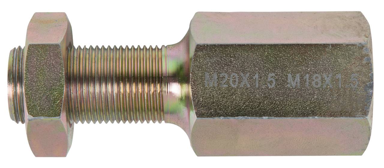 Kovový adaptér s vonkajším závitom spája dva rozdielne priemery potrubia, M20x1,5 a M18x1,5, pre fluidné technické aplikácie.