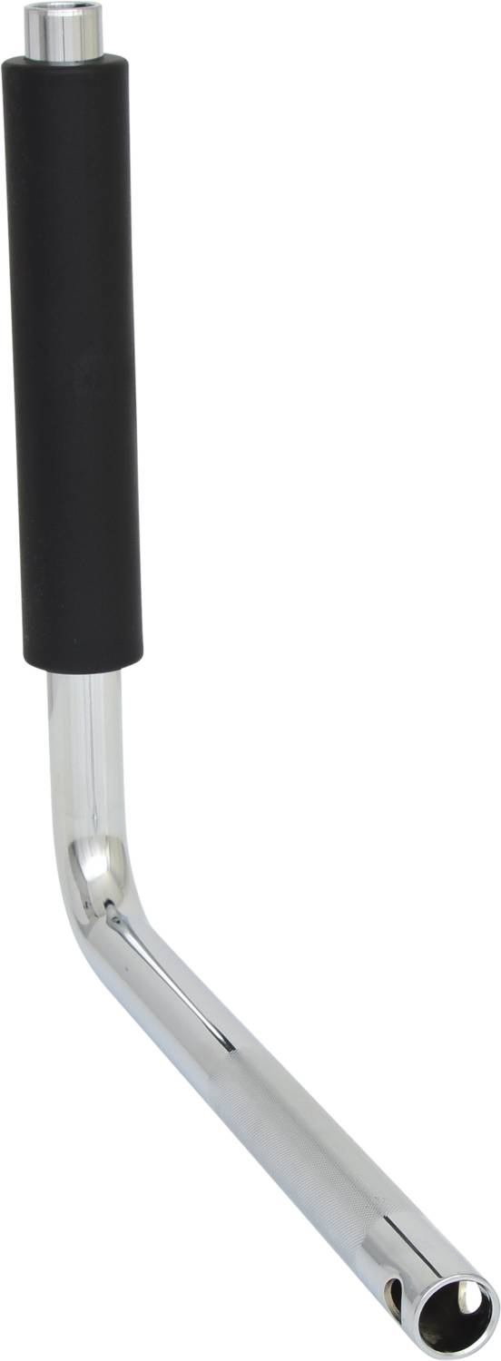 Malý ergonomický, zahnutý chrómový nástrčný kľúč s čiernou rukoväťou, pravdepodobne určený na manuálnu obsluhu nástroja.