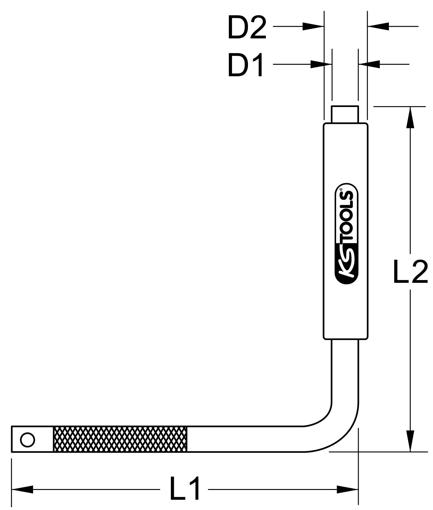 Obrázok L-tvarového nástroja s logom KS Tools. Rozmery D1, D2, L1, L2 sú vyznačené.