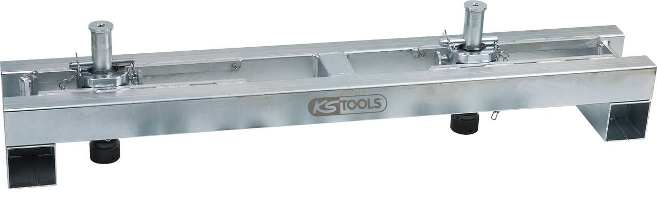 Strieborný nástroj s dvomi nastaviteľnými pákami na obdĺžnikovom ráme, nesúci logo 'KS Tools'. Prevažne vyrobený z kovu.