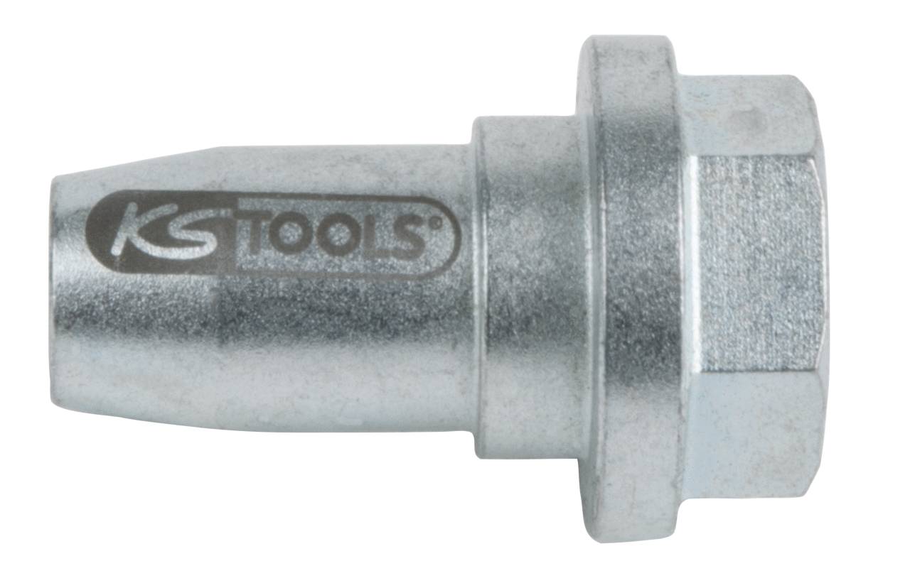 Strieborný nástavec na kľúč od KS Tools, šesťhranného tvaru, vhodný na použitie so skrutkami alebo matkami.