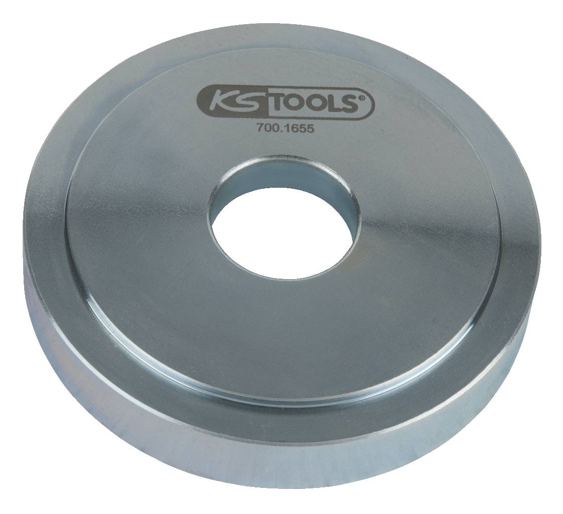 Strieborná kovová podložka s centrálnym otvorom. Hore je vyryté logo 'KS TOOLS' a číslo '700.1655'.