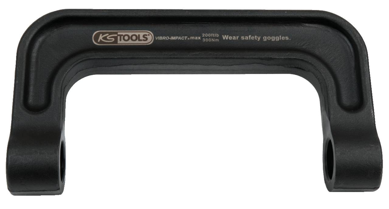 Kovový úchyt s dvoma koncovými časťami, označený nápismi 'KS Tools' a 'Wear safety goggles'. Odporúča sa používať s ochrannými okuliarmi.