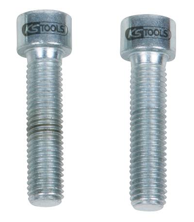 Dve strieborné skrutky so zvlnenou hlavou a vygravírovaným logom 'KS Tools', ktoré zobrazujú detailnú štruktúru závitu.