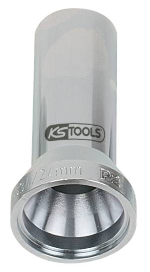 Strieborná, valcovitá nástrčná hlavica s logom KS Tools, vhodná pre skrutkovacie práce. Označená '24 mm'.