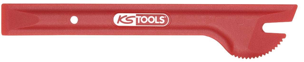 Červený plastový nástroj s ozubeným koncom a logom 'KS Tools', pravdepodobne určený na otváranie alebo fixáciu, umiestnený na bielom pozadí.