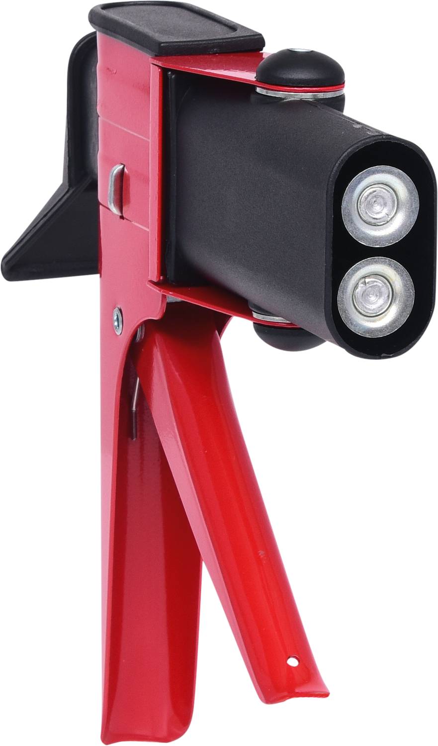 Červená kartušová pištoľ s dvomi striebornými otvormi pre kartušu. Nástroj na dávkovanie lepidla alebo tesniaceho prostriedku.