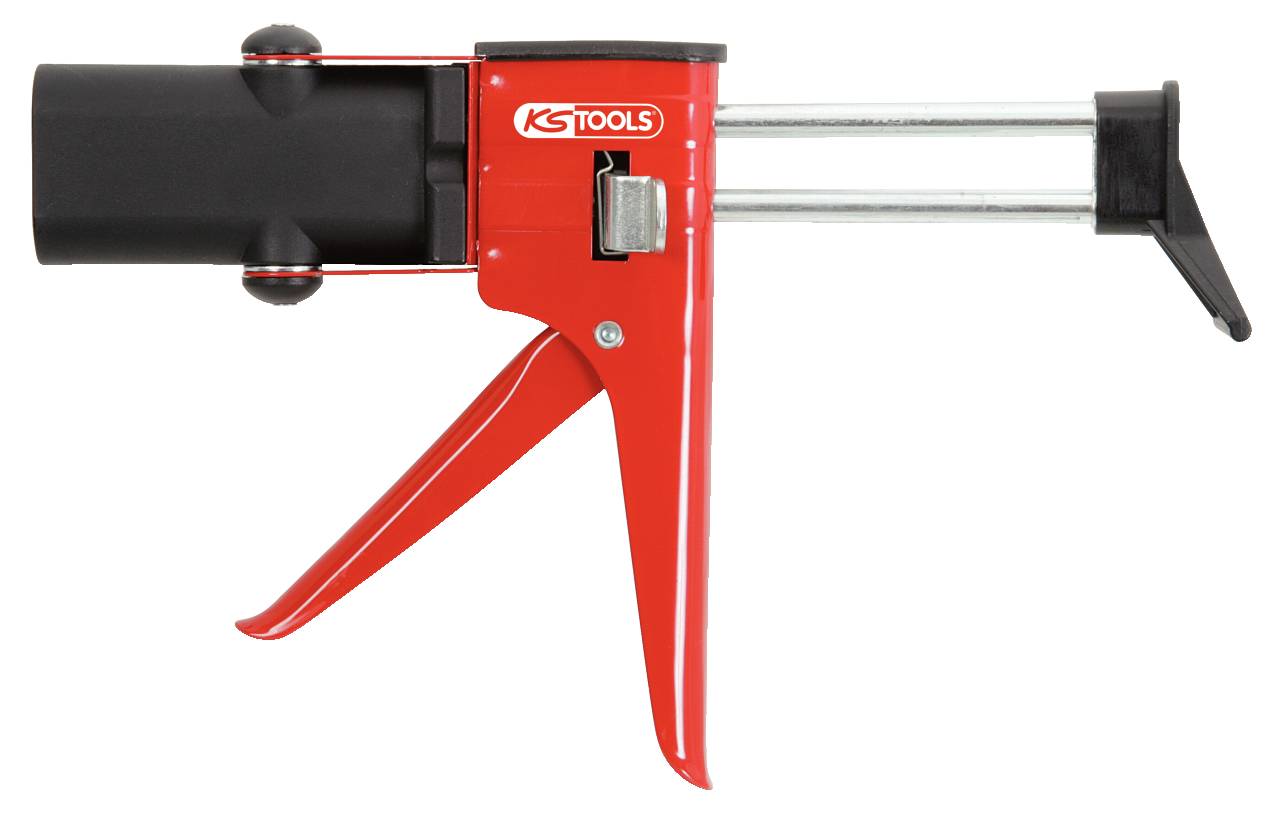 Ručne ovládaná kartušová lisovacia pištoľ v červenej a čiernej farbe od KS Tools, vhodná na nanášanie tesniacich alebo lepiacich hmôt.