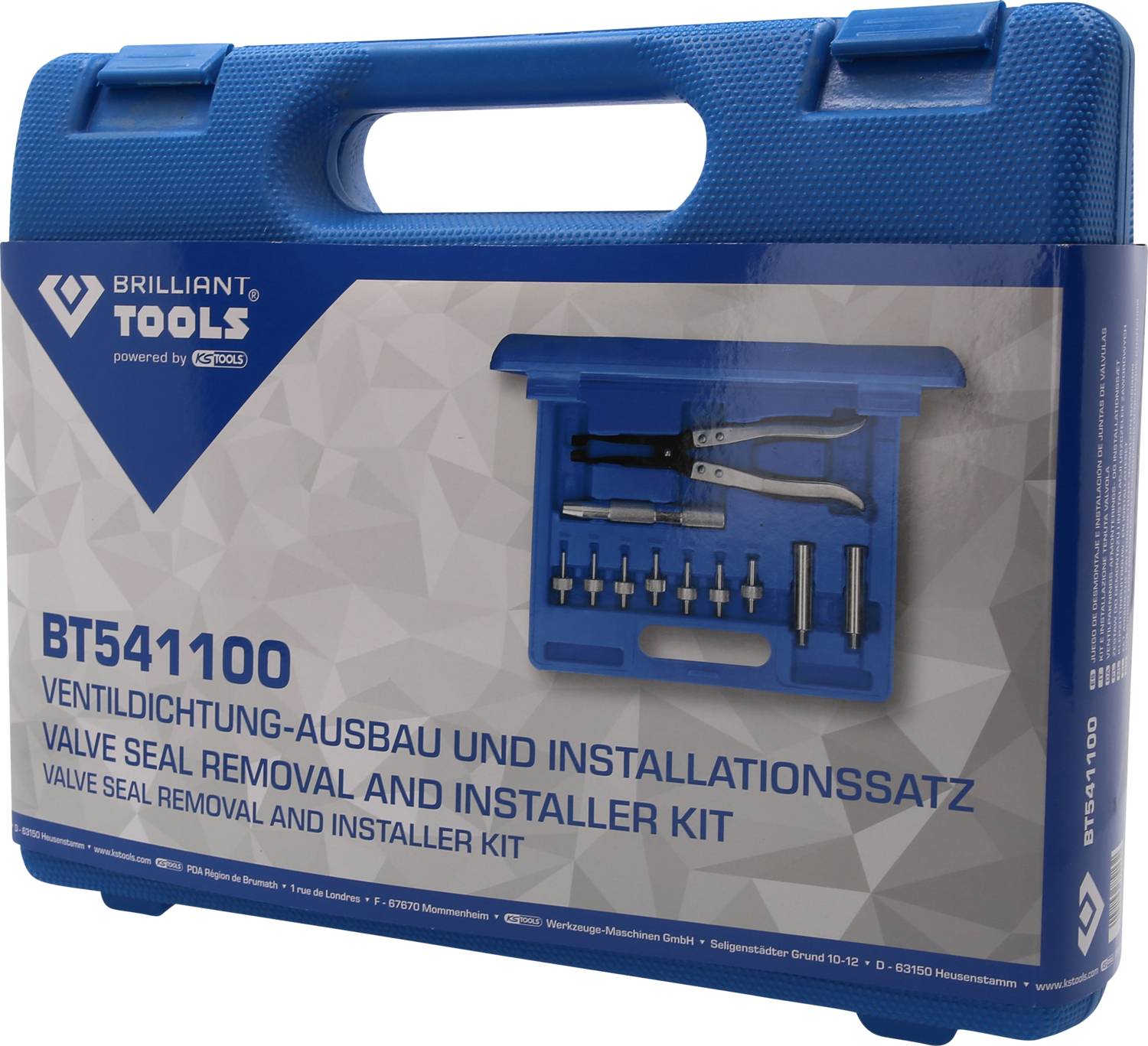 Modrý kufrík na náradie s nápisom 'Sada na demontáž a inštaláciu tesnenia ventilu'. Obsahuje rôzne nástroje pre tesnenia ventilov.