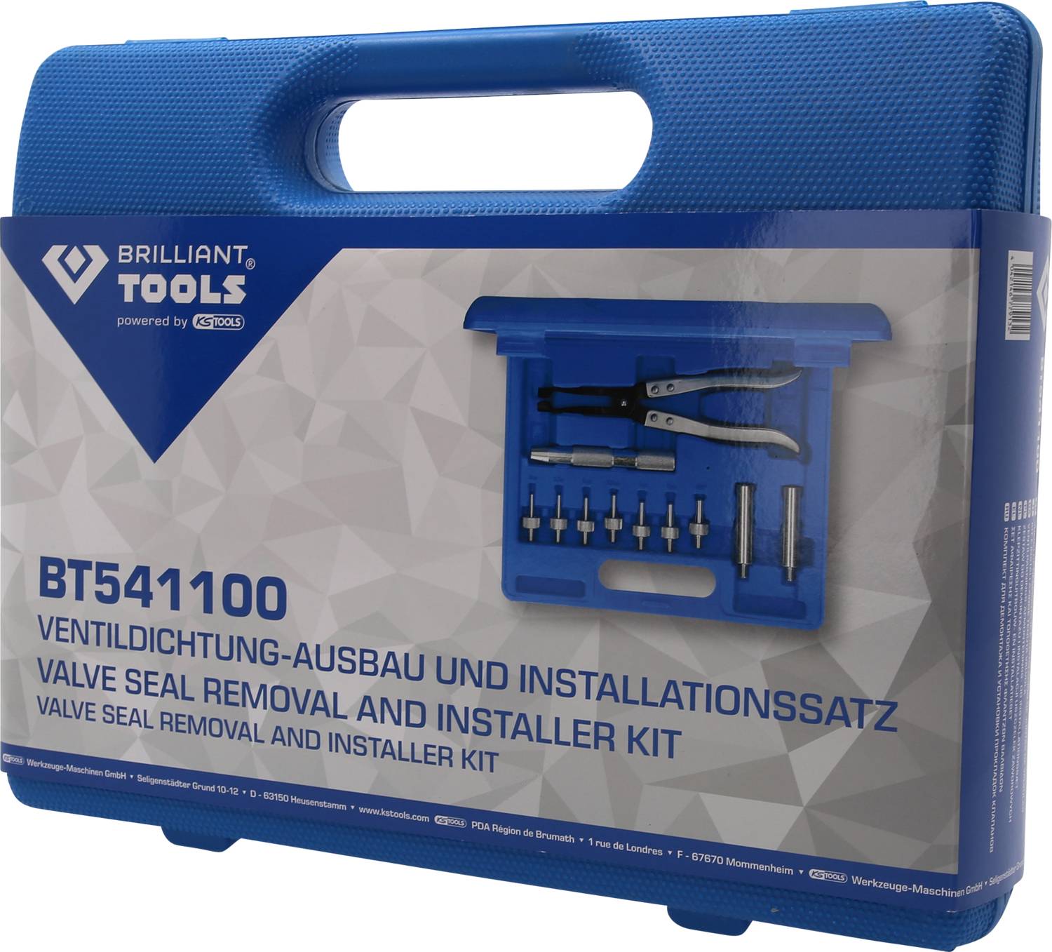 Modrý kufor s nápisom 'Sada na demontáž a inštaláciu tesnenia ventilu' a obrázkom náradia na demontáž a montáž.