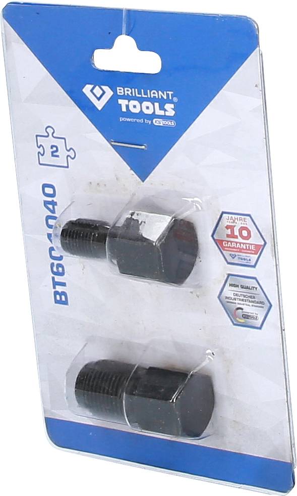 Dva čierne skrutkovacie adaptéry v balení značky 'Brilliant Tools', artiklovské číslo BT600040, s 10-ročnou zárukou.