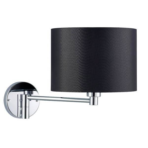 Chrómová nástenná lampa s nastaviteľným ramenom a čiernym tienidlom. Ideálna pre akcentové osvetlenie v modernom obytnom priestore.